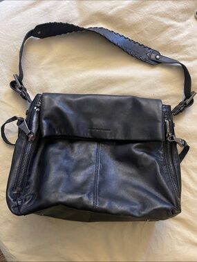 Soft Black Leather Shoulder Bag with Fold-Over Flap